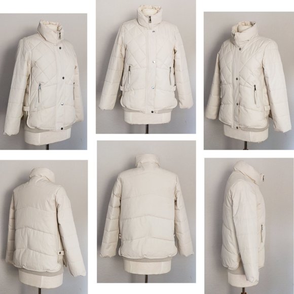 NEW Stone Ecru Ivory Diamond Quilted High Neck Nylon Cozy Warm Puffer Jacket - Picture 11 of 11